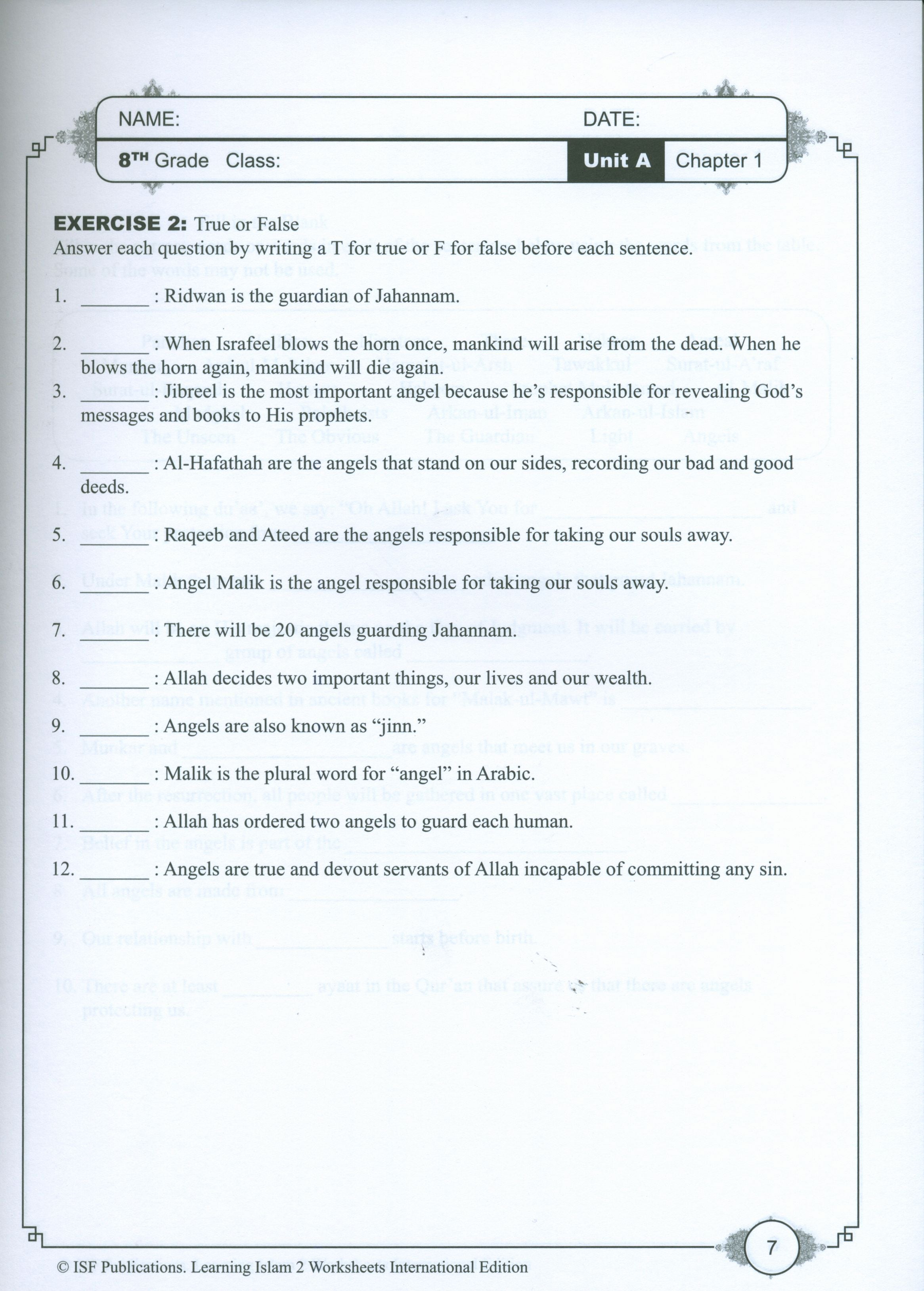 Learning Islam Weekend Edition Worksheets Level 2 (7th Grade)